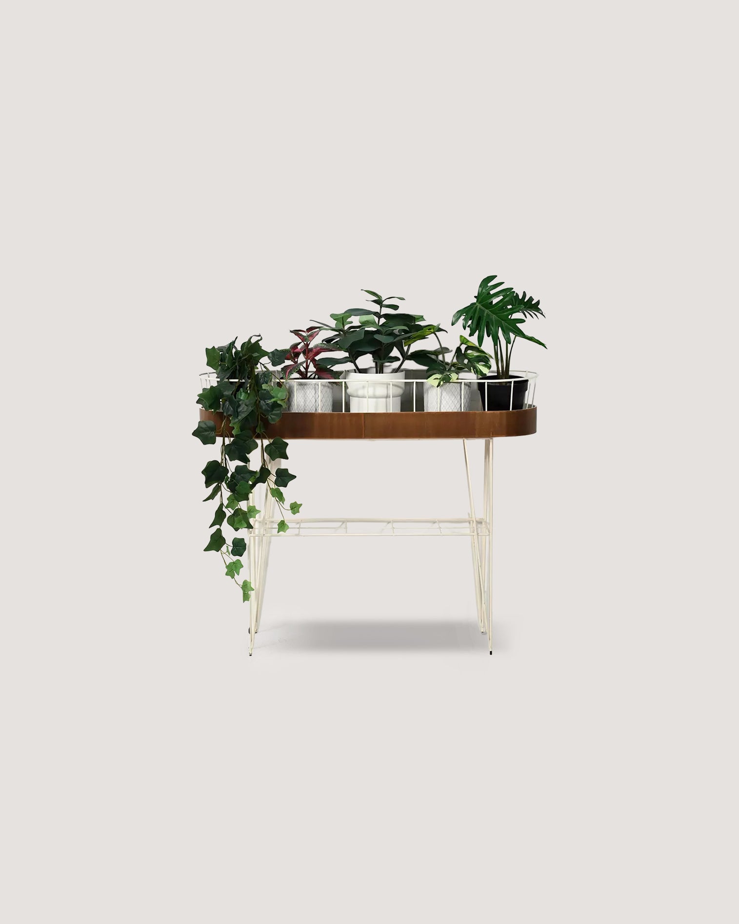 Portafiori scandinavo ovale in metallo e teak