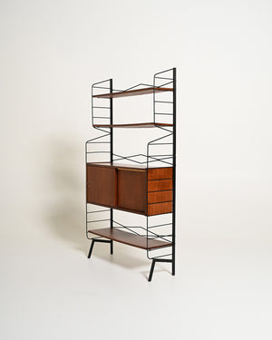 Libreria in metallo con vano contenitore in teak, anni '50-'60
