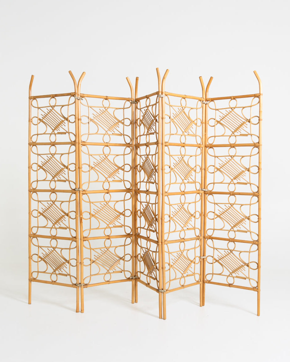 Paravento a cinque pannelli in rattan, Scandinavia, anni ’60